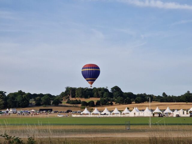 Hot air balloon over the Polo fields behind the Cricket Pavillion.