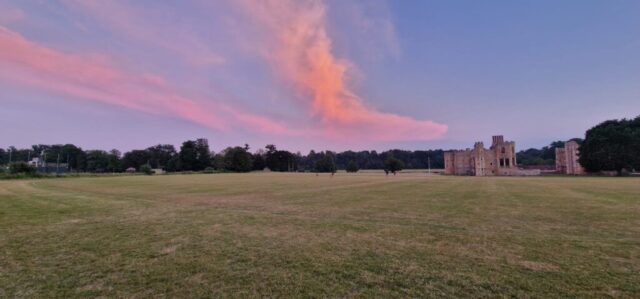 Sunset clouds over the ruins.